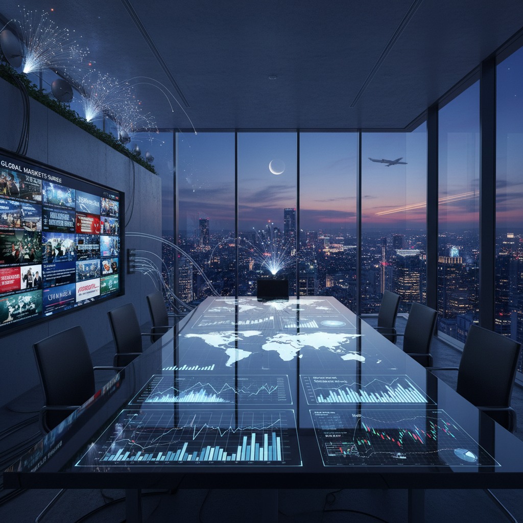 Una sala riunioni futuristica con grandi finestre che offrono una vista panoramica su una città illuminata di notte, dotata di un tavolo interattivo con mappe e grafici digitali.